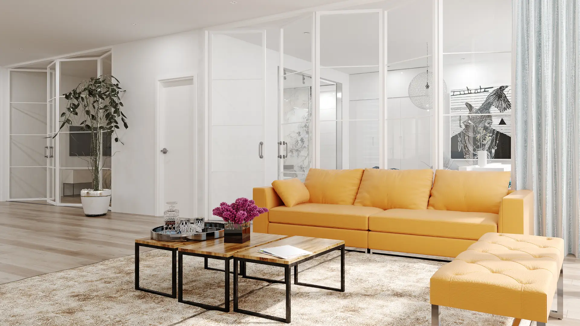 Frameless glass interior doors in a residential living room